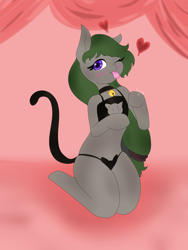 Size: 1928x2564 | Tagged: safe, oc, pony, semi-anthro, ;p, arm hooves, bell, bell collar, blushing, cat bell, cat lingerie, cat tail, chest fluff, clothes, collar, female, floating heart, heart, kneeling, lingerie, looking at you, one eye closed, solo, tail, tongue out, wink, winking at you