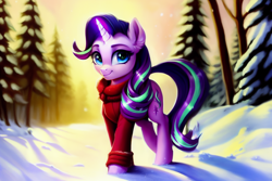 Size: 2304x1536 | Tagged: safe, ai assisted, ai content, generator:pony soup v1, generator:stable diffusion, prompter:siber, starlight glimmer, pony, unicorn, g4, clothes, female, forest, looking at you, mare, pine tree, smiling, smiling at you, snow, solo, tree, walking, winter