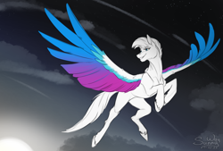 Size: 1200x810 | Tagged: safe, artist:sunny way, zipp storm, pegasus, pony, g5, cloud, feather, fit, flying, morning, partial color, patreon, patreon reward, sky, slender, smiling, solo, stars, sun, thin, wings