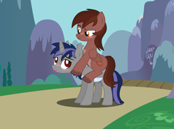 Size: 4736x3498 | Tagged: safe, artist:ghostpikachu, oc, oc only, oc:autumn rosewood, oc:dreaming star, bat pony, bat pony unicorn, hybrid, pegasus, pony, unicorn, bat pony oc, blushing, brown eyes, chest fluff, cute, daylight, duo, equestria, fangs, femboy, grass, grass field, horn, looking at each other, looking at someone, male, maple leaf, mountain, mountain range, no eyelashes, oc riding oc, ocbetes, open mouth, outdoors, pale belly, pegasus oc, ponies riding ponies, red eyes, riding, riding a pony, scenery, sitting, sky, smiling, stallion, standing, tree, unshorn fetlocks
