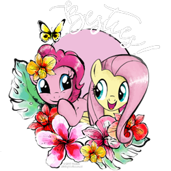 Size: 1500x1500 | Tagged: safe, fluttershy, pinkie pie, butterfly, g4, cute, diapinkes, flower, shyabetes, simple background, stock vector, transparent background