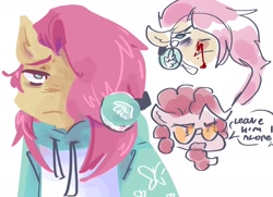Size: 2048x1479 | Tagged: safe, artist:dmitrymemovznok, fluttershy, pinkie pie, earth pony, pegasus, anthro, g4, blood, clothes, duo, facial hair, frown, glasses, goatee, headphones, hoodie, male, nosebleed, rule 63, text