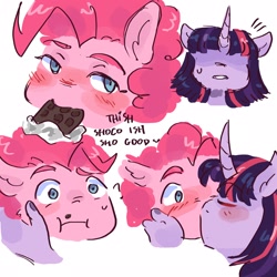 Size: 2048x2048 | Tagged: safe, artist:dmitrymemovznok, pinkie pie, twilight sparkle, earth pony, unicorn, anthro, g4, blushing, chocolate, duo, eating, eyes closed, female, food, high res, kiss on the lips, kissing, lesbian, ship:twinkie, shipping, simple background, sweat, text, white background