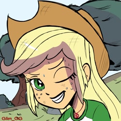 Size: 1820x1820 | Tagged: safe, artist:glim_gg, applejack, human, equestria girls, g4, beautiful, cowboy hat, cowgirl, cute, female, grin, hat, jackabetes, looking at you, one eye closed, smiling, smiling at you, solo, stetson, sweat, wink, winking at you