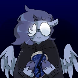 Size: 2048x2048 | Tagged: safe, artist:dmitrymemovznok, oc, oc only, oc:vylet, pegasus, pony, carousel (an examination of the shadow creekflow and its life as an afterthought), vylet pony, clothes, frown, glasses, high res, hoodie, solo, unshorn fetlocks