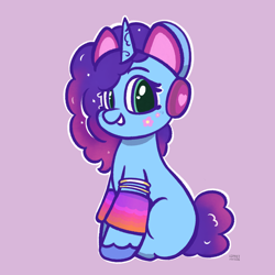 Size: 2048x2048 | Tagged: safe, artist:limitmj, misty brightdawn, pony, unicorn, g5, bracelet, clothes, cute, eyebrows, female, grin, high res, jewelry, lavender background, leg warmers, looking at you, mare, mistybetes, purple background, signature, simple background, smiling, smiling at you, solo, toy interpretation, unshorn fetlocks