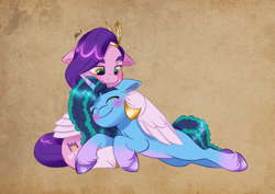 Size: 4961x3508 | Tagged: safe, artist:haruh_ink, misty brightdawn, pipp petals, pegasus, pony, unicorn, g5, absurd resolution, adorapipp, blushing, commissioner:briarlight, cuddling, cute, duo, duo female, eyes closed, fanfic art, female, freckles, hug, lesbian, looking at someone, lying down, mare, mistybetes, prone, ship:mistypetals, shipping, sitting, sleeping, smiling, snuggling, unshorn fetlocks, weapons-grade cute, winghug, wings