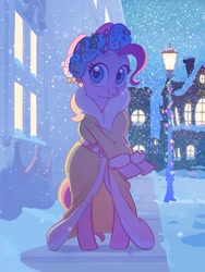 Size: 901x1200 | Tagged: safe, artist:cottonbudfilly, pinkie pie, spirit of hearth's warming presents, earth pony, pony, a hearth's warming tail, g4, bipedal, clothes, female, hearth's warming eve, mare, snow, snowfall, solo, streetlight
