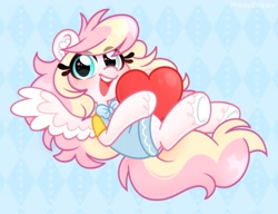Size: 3098x2376 | Tagged: safe, artist:ninnydraws, oc, oc only, oc:ninny, pegasus, pony, abstract background, blushing, bowtie, clothes, cute, female, heart, heart eyes, heterochromia, high res, looking at you, open mouth, overalls, shirt, simple background, smiling, solo, spread wings, t-shirt, unshorn fetlocks, wingding eyes, wings