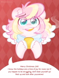 Size: 2480x3276 | Tagged: safe, artist:ninnydraws, oc, oc only, oc:ninny, pegasus, pony, abstract background, bust, christmas, clothes, cup, drink, eye clipping through hair, female, heart, heart eyes, heterochromia, high res, holiday, scarf, solo, speech bubble, text, unshorn fetlocks, wingding eyes