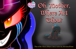 Size: 1920x1243 | Tagged: safe, artist:aleximusprime, cozy glow, oc, oc:the sorceress, alicorn, pegasus, pony, fanfic:oh mother where art thou, flurry heart's story, g4, alicorn oc, crying, duo, duo female, evil grin, eyes closed, fanfic, fanfic art, fanfic cover, fangs, female, filly, foal, grin, half note (cozy glow), horn, mare, nightmare cozy glow, nightmarified, red eyes, red sclera, sad, slit pupils, smiling, spotlight, wings