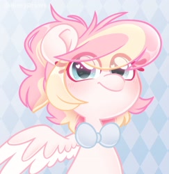 Size: 2218x2286 | Tagged: safe, artist:ninnydraws, oc, oc only, oc:ninny, pegasus, pony, abstract background, blushing, bowtie, bust, female, heart, heart eyes, heterochromia, high res, looking at you, ponytail, smiling, solo, wingding eyes