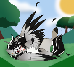 Size: 2200x2000 | Tagged: safe, artist:krypticquartz, oc, oc only, alicorn, pony, colored wings, feather, high res, male, solo, stallion, sun, tongue out, tree, two toned wings, wings