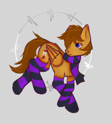 Size: 737x817 | Tagged: safe, oc, oc only, oc:nexi, pegasus, pony, brown mane, clothes, gift art, gray background, orange coat, pegasus oc, scarf, simple background, socks, solo, striped scarf, striped socks