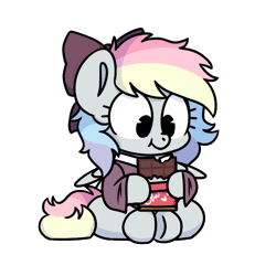 Size: 850x850 | Tagged: safe, artist:sugar morning, oc, oc only, oc:blazey sketch, pegasus, pony, animated, bow, chocolate, clothes, commission, cute, daaaaaaaaaaaw, eating, food, gif, green eyes, grey fur, hair bow, hnnng, licking, licking lips, long hair, long tail, loop, multicolored hair, ocbetes, pegasus oc, perfect loop, simple background, small wings, smiling, solo, sweater, tail, tongue out, transparent background, wings, ych result