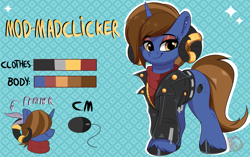 Size: 2645x1662 | Tagged: safe, artist:joaothejohn, oc, oc only, oc:mod-madclicker, pony, unicorn, clothes, commission, cute, ear piercing, earring, feather, horn, jacket, jewelry, piercing, reference sheet, ring, simple background, solo, sweater, text, unicorn oc