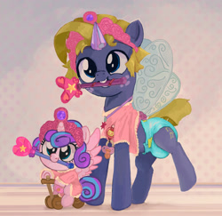 Size: 1903x1847 | Tagged: safe, artist:asdfasfasda, princess flurry heart, star tracker, fairy, pony, g4, baby, baby pony, clothes, cosplay, costume, crossdressing, diaper, dressup, duo, fake wings, foal, jewelry, magic wand, non-baby in diaper, pacifier, starcrossed, tiara, toy