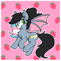 Size: 1818x1830 | Tagged: safe, artist:rivibaes, oc, oc only, oc:starskipper, bat pony, chest fluff, fangs, female, food, mare, pink background, simple background, solo, strawberry