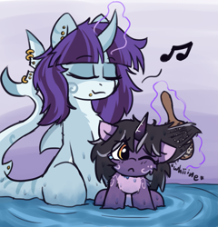 Size: 1759x1829 | Tagged: safe, artist:rivibaes, oc, oc:killi thaum, oc:rivibaes, original species, pony, shark, shark pony, unicorn, bath, brush, female, filly, foal, magic, mare, piercing, telekinesis, whining