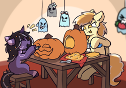 Size: 2745x1927 | Tagged: safe, artist:rivibaes, oc, oc only, oc:orange cream, oc:rivibaes, pegasus, pony, unicorn, female, filly, foal, halloween, knife, mare, marker, pumpkin, pumpkin carving, spoon, table