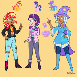 Size: 540x540 | Tagged: safe, artist:sketchy-julia, starlight glimmer, sunset shimmer, trixie, human, g4, boots, cape, choker, clothes, dark skin, elf ears, hat, high heel boots, humanized, jewelry, lidded eyes, looking at you, magic, necklace, peace sign, pendant, playing card, shoes, trio, trixie's cape, trixie's hat