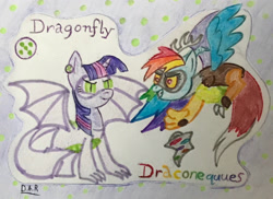 Size: 2500x1820 | Tagged: safe, artist:gracefulart693, rainbow dash, twilight sparkle, draconequus, dragon, pony, g4, draconequified, dragonified, duo, eyelashes, fanfic art, female, grin, horn, mare, mask, smiling, species swap, traditional art, wings