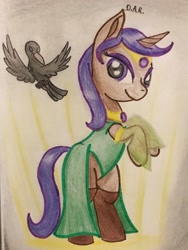 Size: 2047x2729 | Tagged: safe, artist:gracefulart693, oc, oc only, bird, pony, unicorn, clothes, dress, duo, female, high res, horn, jewelry, mare, necklace, rearing, smiling, socks, traditional art, unicorn oc