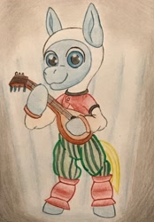 Size: 2540x3647 | Tagged: safe, artist:gracefulart693, oc, oc:finn the pony, earth pony, pony, adventure time, banjo, clothes, finn the human, high res, male, musical instrument, smiling, solo, traditional art