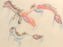 Size: 2415x1809 | Tagged: safe, artist:gracefulart693, oc, oc only, draconequus, earth pony, pony, seapony (g4), beret, dorsal fin, draconequus oc, duo, female, fish tail, flowing mane, flowing tail, hat, mare, ocean, seaponified, seapony oc, smiling, species swap, swimming, tail, traditional art, underwater, water