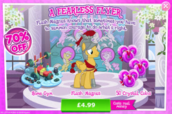 Size: 1961x1300 | Tagged: safe, gameloft, applejack, flash magnus, fluttershy, pinkie pie, rainbow dash, rarity, twilight sparkle, pegasus, pony, g4, my little pony: magic princess, advertisement, armor, costs real money, english, folded wings, helmet, introduction card, male, mane six, mobile game, numbers, sale, solo, stained glass, stallion, text, water bottle, weights, wings