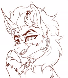 Size: 2129x2429 | Tagged: safe, artist:hebinushisan, oc, oc only, pony, unicorn, bust, collar, ear fluff, ear piercing, earring, high res, horn, jewelry, lineart, male, piercing, simple background, smiling, solo, stallion, stitched body, stitches, unicorn oc, white background