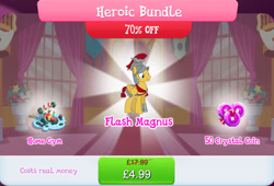 Size: 1269x861 | Tagged: safe, gameloft, flash magnus, pegasus, pony, g4, my little pony: magic princess, armor, bundle, costs real money, english, folded wings, helmet, male, mobile game, numbers, sale, solo, stallion, text, water bottle, weights, wings