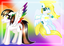 Size: 1152x834 | Tagged: safe, artist:angellightyt, oc, oc only, oc:angel light, pegasus, pony, collaboration, colored wings, duo, eyelashes, halo, jewelry, multicolored wings, necklace, pegasus oc, rainbow wings, wings