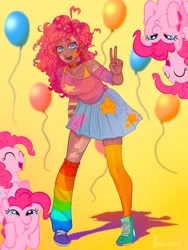 Size: 768x1024 | Tagged: safe, artist:sunifarni, pinkie pie, earth pony, human, pony, g4, alternate hairstyle, balloon, choker, clothes, converse, dark skin, ear piercing, earring, female, humanized, jewelry, leg warmers, mare, open mouth, peace sign, piercing, shirt, shoes, simple background, skirt, socks, solo, stockings, tank top, thigh highs, vitiligo, yellow background