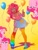 Size: 768x1024 | Tagged: safe, artist:sunifarni, pinkie pie, earth pony, human, pony, g4, alternate hairstyle, balloon, choker, clothes, converse, dark skin, ear piercing, earring, female, humanized, jewelry, leg warmers, mare, open mouth, peace sign, piercing, shirt, shoes, simple background, skirt, socks, solo, stockings, tank top, thigh highs, vitiligo, yellow background