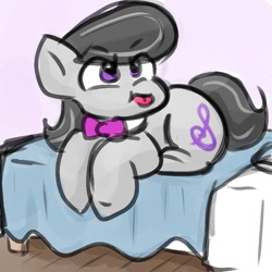 Size: 900x900 | Tagged: safe, artist:zutcha, octavia melody, earth pony, pony, g4, :p, bed, cute, eye clipping through hair, eyebrows, eyebrows visible through hair, female, lying down, mare, on bed, prone, solo, tavibetes, tongue out