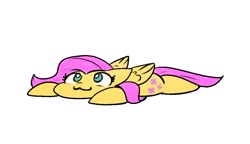 Size: 1057x607 | Tagged: safe, artist:zutcha, fluttershy, pegasus, pony, g4, :3, cute, flat fuck friday, looking up, lying down, no pupils, prone, shyabetes, simple background, smiling, solo, sploot, white background