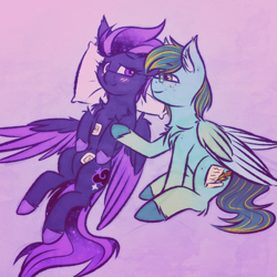 Size: 1500x1500 | Tagged: safe, artist:shad0w-galaxy, oc, oc only, oc:ruffled quill, oc:shadow galaxy, pegasus, pony, bandage, doodle, duo, female, male, mare, pillow, shipping, stallion