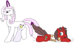 Size: 3104x1780 | Tagged: safe, artist:supahdonarudo, fleur-de-lis, oc, oc:ironyoshi, pony, unicorn, series:fleurbuary, g4, angry, clothes, dragging, duo, female, fleur-de-lis is not amused, frown, glowing, glowing horn, horn, levitation, magic, male, mare, pulling, scared, shirt, simple background, stallion, telekinesis, this will end in tears, transparent background, unamused