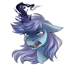 Size: 1500x1350 | Tagged: safe, artist:cosmalumi, oc, oc only, pony, unicorn, bust, dark magic, ears back, horn, magic, sharp teeth, simple background, slit pupils, solo, teeth, unicorn oc, white background