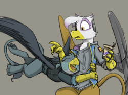 Size: 1690x1254 | Tagged: safe, artist:sinrar, gabby, gilda, cyborg, griffon, g4, clothes, drink, duo, glomp, simple background