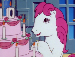 Size: 960x720 | Tagged: safe, screencap, sweetheart, earth pony, pony, g1, happy birthday sweetheart, my little pony tales, age, birthday cake, birthday candles, cake, female, filly, foal, food, solo
