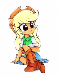 Size: 2261x3015 | Tagged: safe, artist:liaaqila, part of a set, applejack, human, equestria girls, g4, boots, chibi, cowboy boots, cowboy hat, cute, equestria girls minis, eye clipping through hair, eyebrows, eyebrows visible through hair, female, hat, high res, jackabetes, pony ears, shoes, signature, simple background, sitting, smiling, solo, toy interpretation, traditional art, watercolor painting, white background