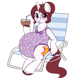 Size: 850x901 | Tagged: safe, artist:lulubell, oc, oc:amy, pony, unicorn, beach chair, belly, big belly, blushing, chair, clothes, coconut cup, cute, female, glasses, hair bun, mare, one-piece swimsuit, pregnant, simple background, solo, straw, swimsuit, transparent background