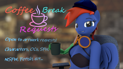 Size: 1920x1083 | Tagged: safe, artist:kamimation, oc, oc only, oc:kam pastel, pegasus, anthro, 3d, advertisement, amputee, breasts, chair, coffee, coffee mug, folded wings, goggles, hat, looking at you, mug, prosthetic arm, prosthetic limb, prosthetics, smug, solo, text, wings
