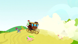 Size: 1920x1080 | Tagged: safe, screencap, apple bumpkin, apple split, candy apples, red gala, earth pony, pony, apple family reunion, g4, apple family member, carriage, dust cloud, female, male, mare, stallion