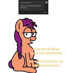 Size: 1275x1414 | Tagged: safe, artist:professorventurer, sunny starscout, earth pony, pony, series:ask pippamena, g5, braid, braided ponytail, female, implied pipp petals, implied sex, mare, ponytail, solo