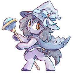 Size: 1872x1863 | Tagged: safe, artist:rivibaes, oc, oc only, oc:rivibaes, pony, unicorn, cape, clothes, female, filly, foal, hat, simple background, skirt, solo, staff, standing on two hooves, white background, witch hat