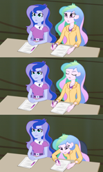 Size: 1904x3192 | Tagged: safe, screencap, princess celestia, princess luna, principal celestia, vice principal luna, human, equestria girls, g4, my little pony equestria girls: rainbow rocks, ballpoint pen, battle of the bands, celestia is not amused, female, image react, judging, luna is not amused, siblings, sisters, surprised, traditional art, unamused, upset, writing