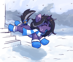 Size: 1862x1581 | Tagged: safe, artist:rivibaes, oc, oc only, oc:rivibaes, pony, unicorn, clothes, eyes closed, female, filly, foal, scarf, snow, snowfall, solo, striped scarf